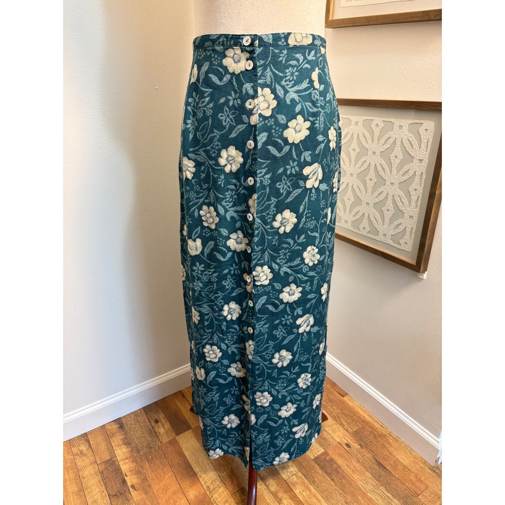 Vintage Floral Maxi Skirt Womens Large Teal Button Front Rayon Made USA 90s - Picture 2 of 9
